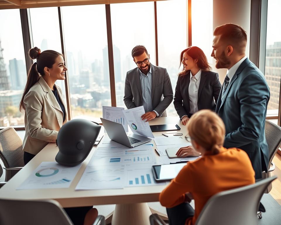 A professional business meeting scene depicting diverse, business-attired individuals engaged in a strategic discussion about supplier relationships. In the foreground, a confident woman and a focused man exchange insightful ideas while reviewing a document. In the middle, a large conference table covered with charts, graphs, and laptops, symbolizing data-driven decision-making. In the background, a modern office setting with large windows revealing a city skyline, bathed in warm, natural light, creating an inviting atmosphere. The camera angle is slightly elevated, showcasing the collaborative spirit of the meeting while maintaining clarity on individual expressions. The mood is optimistic and professional, reflecting the importance of building strong supplier connections in logistics.