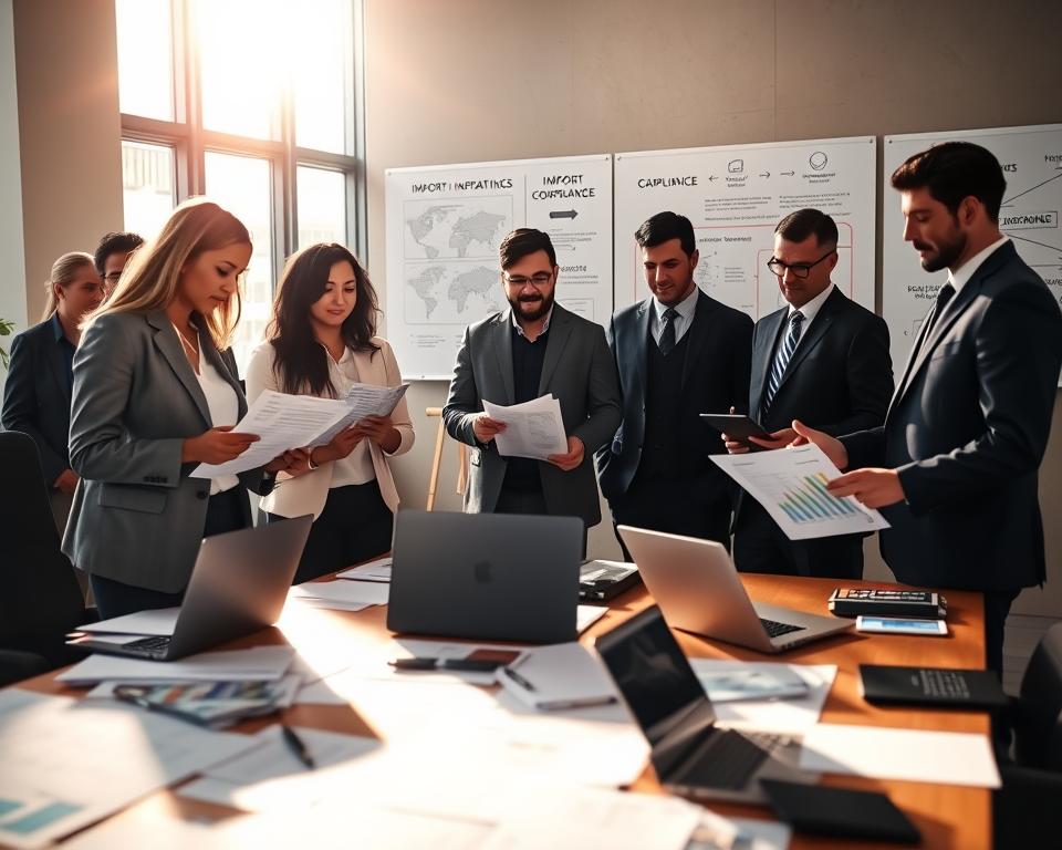 A professional office setting partially illuminated by natural light streaming through large windows, creating a warm and inviting atmosphere. In the foreground, a diverse group of business professionals in smart attire, including a woman reviewing import compliance documents and a man analyzing trade charts on a digital tablet. The middle ground features a large conference table cluttered with documents, laptops, and international trade maps. In the background, a whiteboard displays flowcharts and risk management strategies related to global importing. The scene conveys a collaborative and focused mood, emphasizing the importance of compliance in international trade. Shot from a slightly elevated angle to capture the interaction and details of the workspace, with a depth of field that softly blurs the background while keeping the foreground sharp and clear.