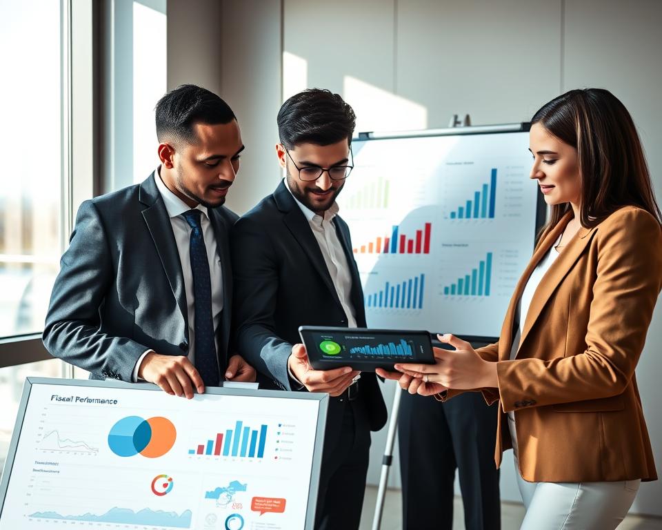 A sleek, modern office setting serves as the background, featuring a large window with natural light streaming in, casting soft shadows across the scene. In the foreground, a diverse group of three professionals—two men in tailored suits and one woman in a chic blazer—are actively analyzing colorful fiscal performance metrics displayed on a digital tablet. Their expressions are focused and engaged, depicting a collaborative atmosphere. In the middle ground, a whiteboard is filled with graphs, charts, and key performance indicators, visually illustrating fiscal data trends. The overall mood is one of diligence and commitment to growth, with a color palette that balances cool blues and warm earth tones, emphasizing a professional yet dynamic environment. The image is captured from a slightly elevated angle to provide a comprehensive view of the workspace.