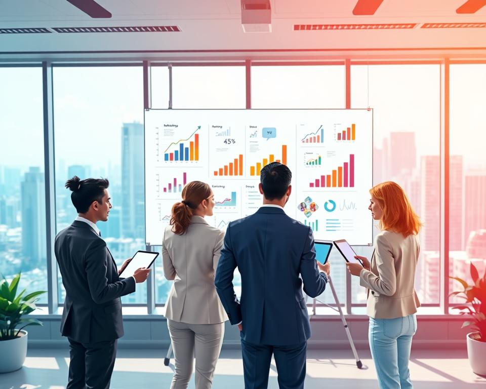 A vibrant and engaging illustration depicting scalable startup models in a modern office setting. In the foreground, a diverse group of three professionals, dressed in smart business attire, are immersed in a collaborative brainstorming session with digital tablets and charts in hand. In the middle, a large digital whiteboard displays colorful graphs, marketing strategies, and innovative business ideas, symbolizing growth and scalability. The background features a sleek cityscape visible through expansive windows, bathed in soft, natural light. The atmosphere is dynamic and inspiring, reflecting ambition and teamwork in a creative workspace. The angle is slightly raised, giving a panoramic view of the collaboration at work, with a warm and inviting color palette to evoke a sense of motivation and forward-thinking.