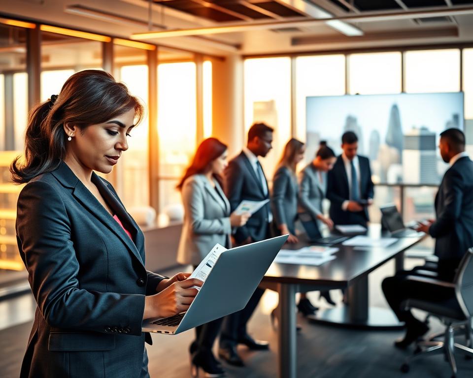 A vibrant office scene showcasing diverse banking professionals engaged in various activities. In the foreground, a confident, middle-aged South Asian woman in a smart business suit analyzes financial reports on a sleek laptop, while a young Black man in a tailored suit discusses strategy with colleagues. In the middle, a group of professionals of different ethnicities huddle around a conference table, studying charts and graphs on a digital screen. To the background, large windows reveal a modern city skyline bathed in warm, natural light, creating an atmosphere of ambition and opportunity. The overall mood is focused and collaborative, capturing the dynamic nature of banking careers, with a depth of field that highlights the professionals in action. A vibrant office scene showcasing diverse banking professionals engaged in various activities. In the foreground, a confident, middle-aged South Asian woman in a smart business suit analyzes financial reports on a sleek laptop, while a young Black man in a tailored suit discusses strategy with colleagues. In the middle, a group of professionals of different ethnicities huddle around a conference table, studying charts and graphs on a digital screen. To the background, large windows reveal a modern city skyline bathed in warm, natural light, creating an atmosphere of ambition and opportunity. The overall mood is focused and collaborative, capturing the dynamic nature of banking careers, with a depth of field that highlights the professionals in action.