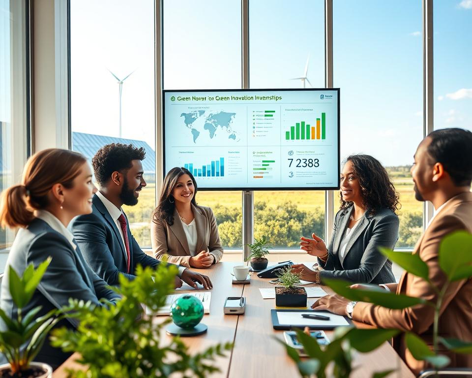 A vibrant, professional setting showcasing a dynamic meeting between diverse business professionals discussing green innovation partnerships. In the foreground, a diverse group of four individuals, dressed in professional business attire, are engaged in animated conversation, surrounded by green plants and sustainable technology prototypes on the table. In the middle, a large digital screen displays infographics and charts on sustainable investments, while the window behind them reveals a bright, sunny day with solar panels and wind turbines in the distance. Soft natural light filters through the window, creating an optimistic and forward-thinking atmosphere that emphasizes collaboration and ingenuity in green fiscal policy. The composition should be slightly angled to enhance depth and focus on the interaction among the professionals.
