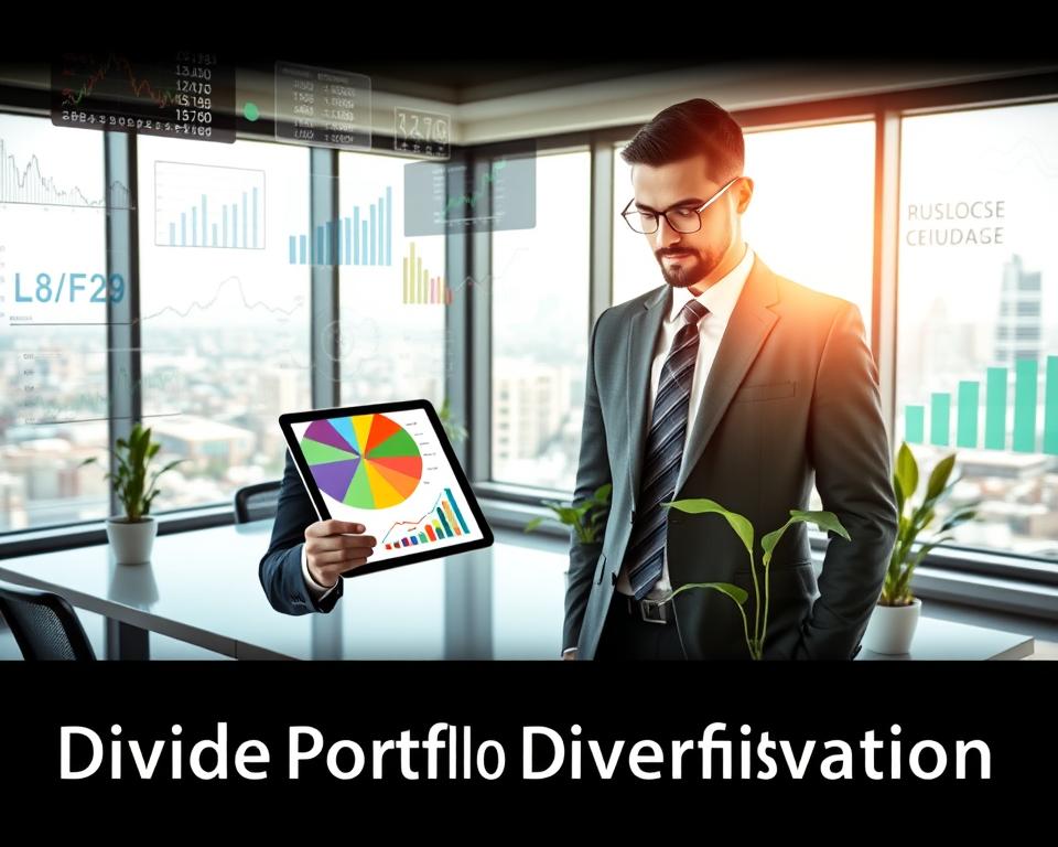 A visually striking representation of "Dividend Portfolio Diversification," featuring a professional-looking individual in business attire, analyzing a colorful pie chart on a digital tablet in the foreground. Surrounding this figure, a modern office environment showcases various financial charts, graphs, and stock market tickers, illustrating different asset classes like stocks, bonds, and real estate. The middle ground should include a sleek desk with potted plants to indicate growth and prosperity, while the background features large windows with a view of a city skyline, bathed in bright daylight to evoke a sense of optimism and opportunity. The scene should convey a mood of focus and strategic planning, with soft, natural lighting enhancing the clarity and professionalism of the image.